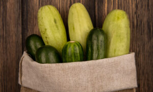 Вид сверху на свежие овощи огурцы и кабачки, в мешке из мешковины на деревянной стене