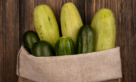 Вид сверху на свежие овощи огурцы и кабачки, в мешке из мешковины на деревянной стене