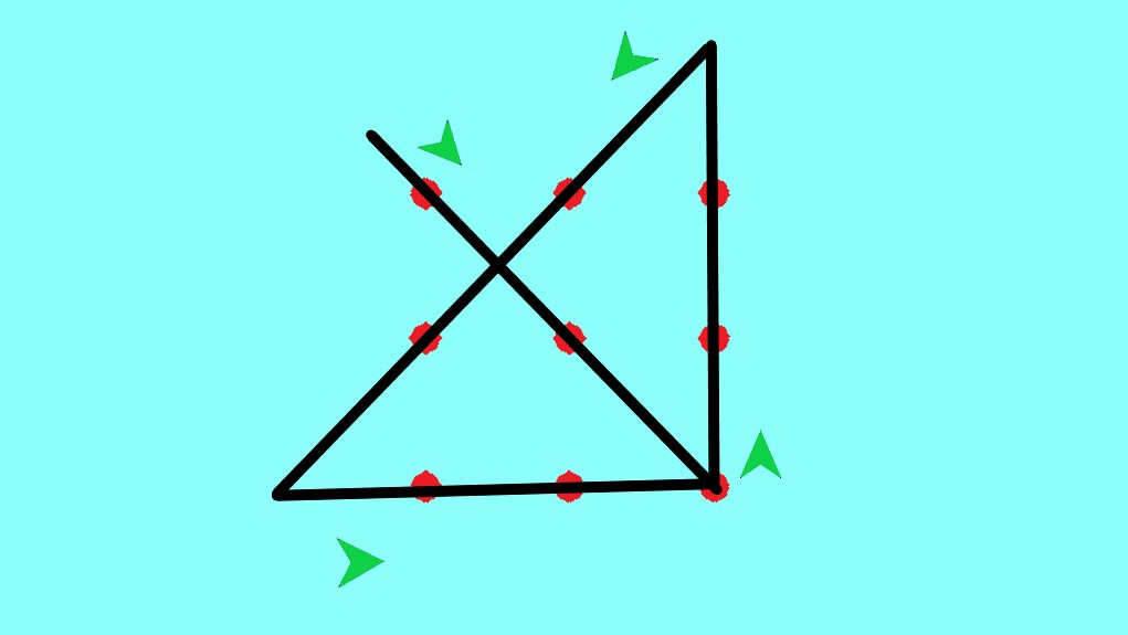 9 красных точек, соединенных черными прямыми линиями, зеленые стрелочки