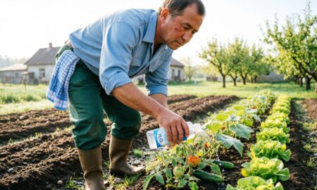 Дачник обрабатывает огород перекисью водорода