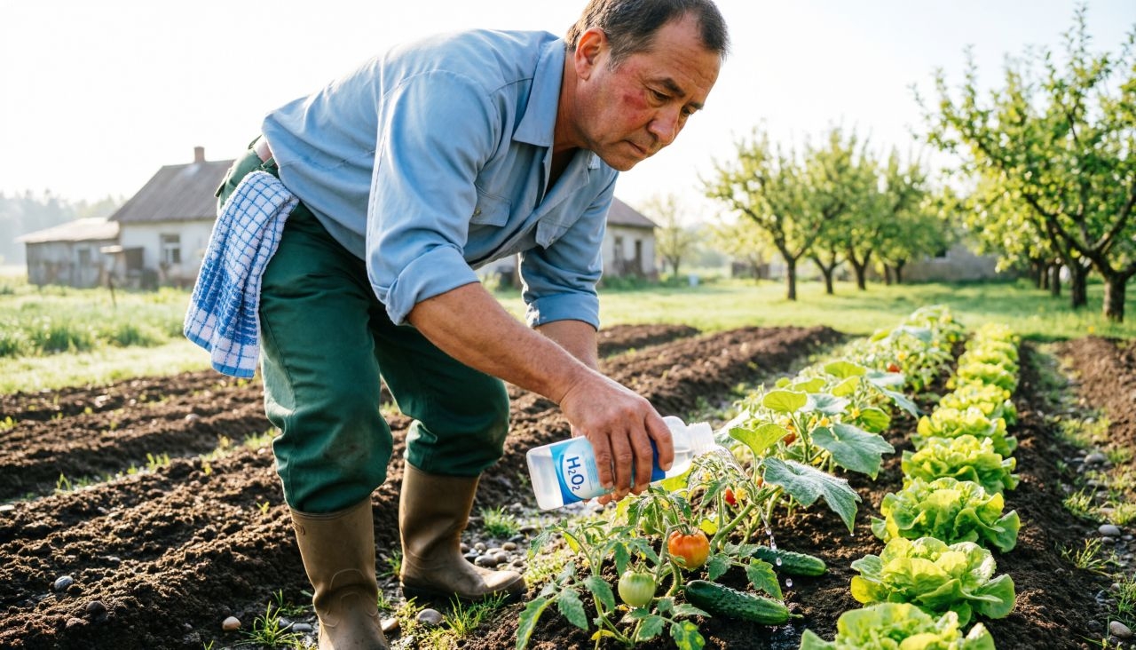 Дачник обрабатывает огород перекисью водорода