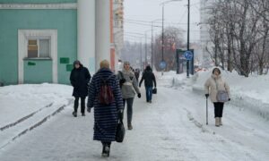 Люди идут по улице зимой