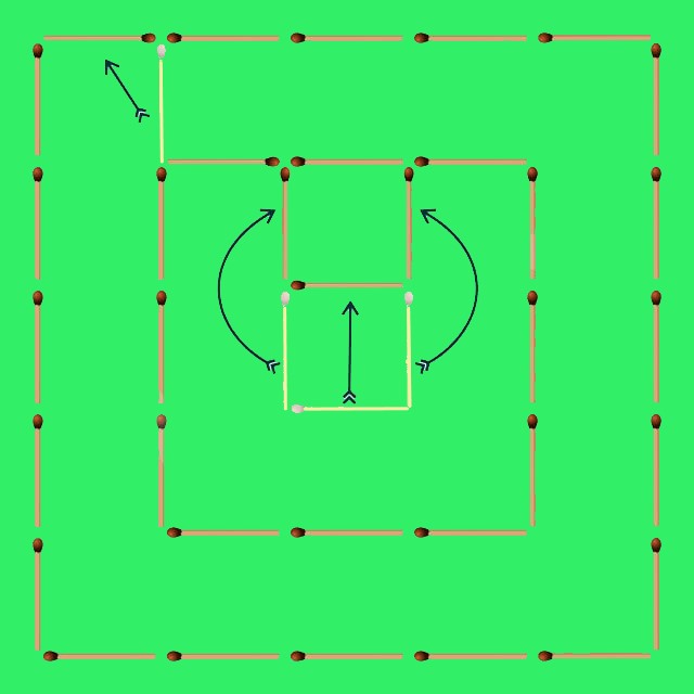 три квадрата из спичек и стрелочки, указыввающие на решение головоломки