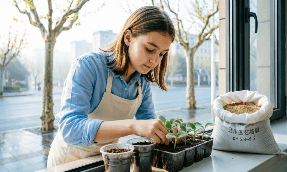 Девушка ухаживает за рассадой