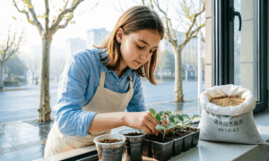 Девушка ухаживает за рассадой