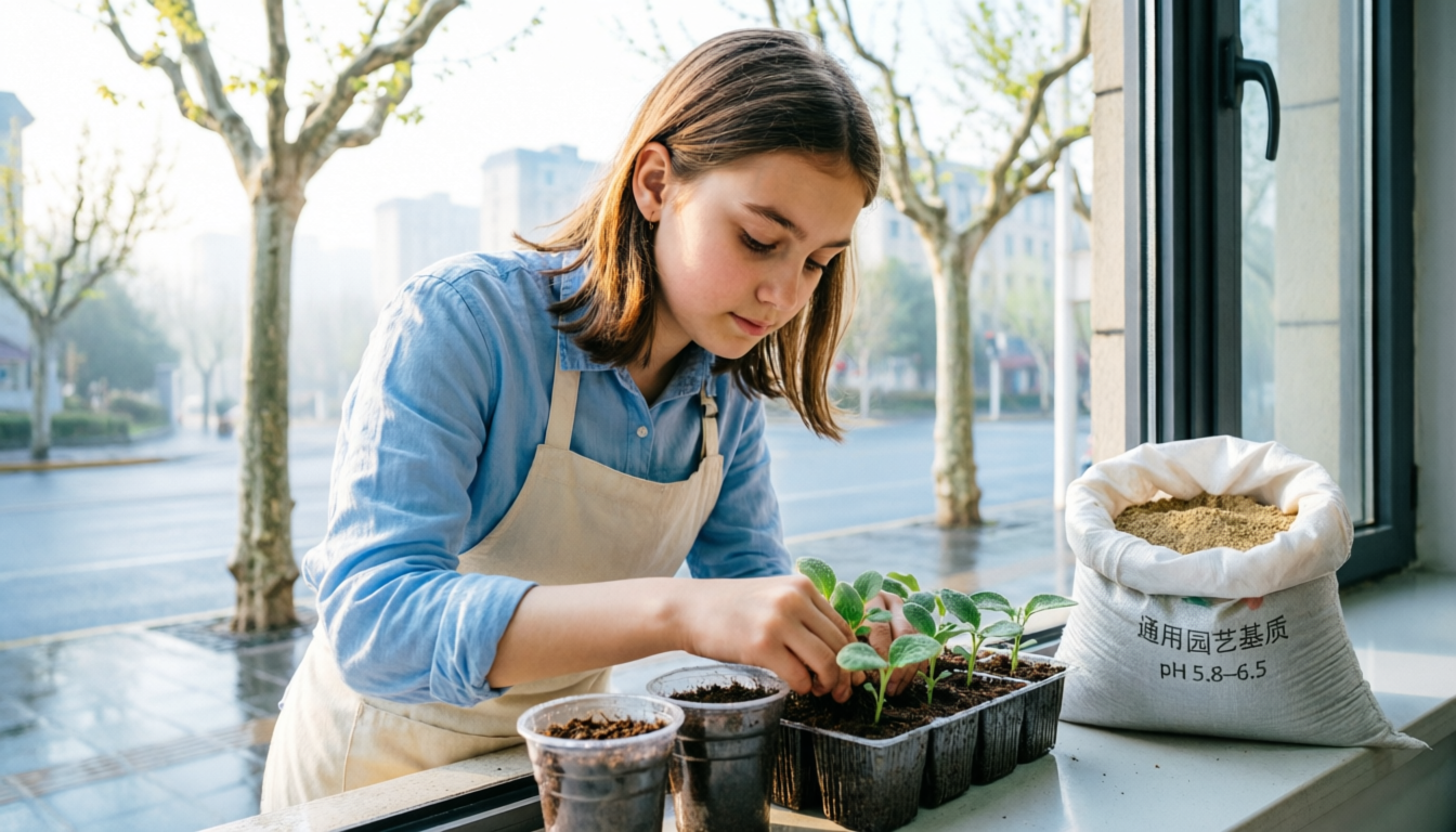 Девушка ухаживает за рассадой