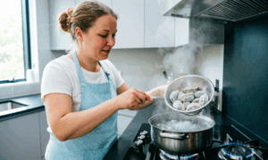 Женщина варит пельмени