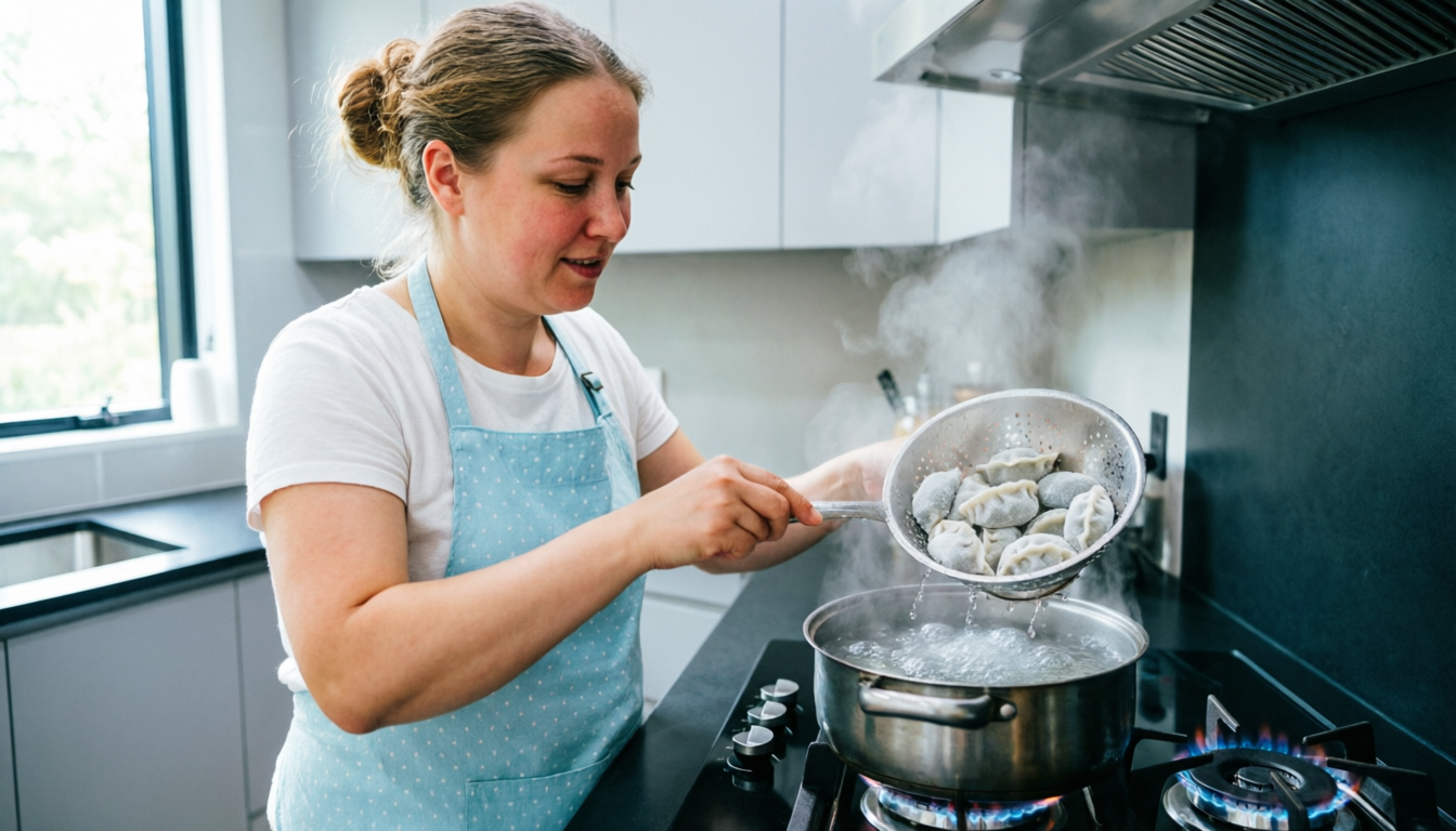 Женщина варит пельмени