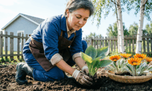 Дачница формирует клумбу