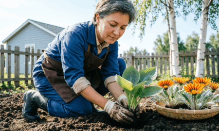 Дачница формирует клумбу