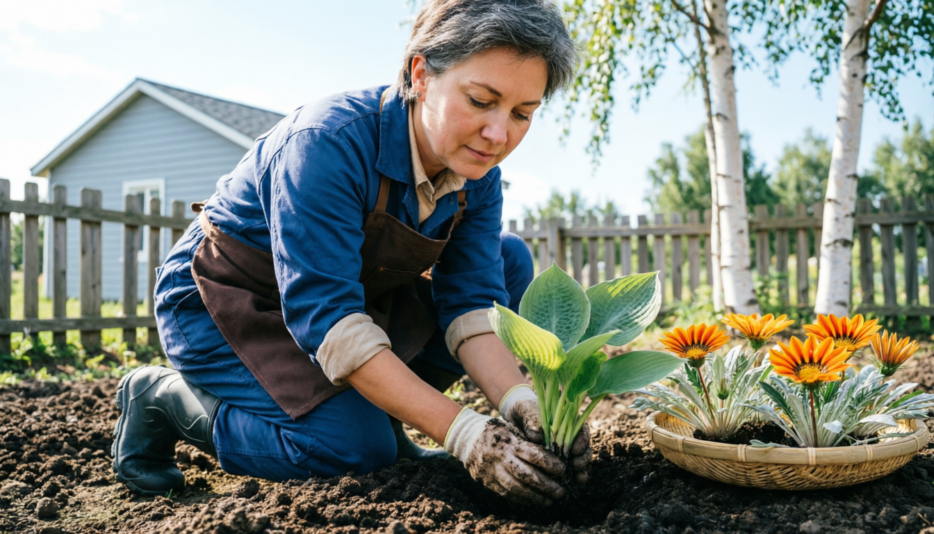 Дачница формирует клумбу