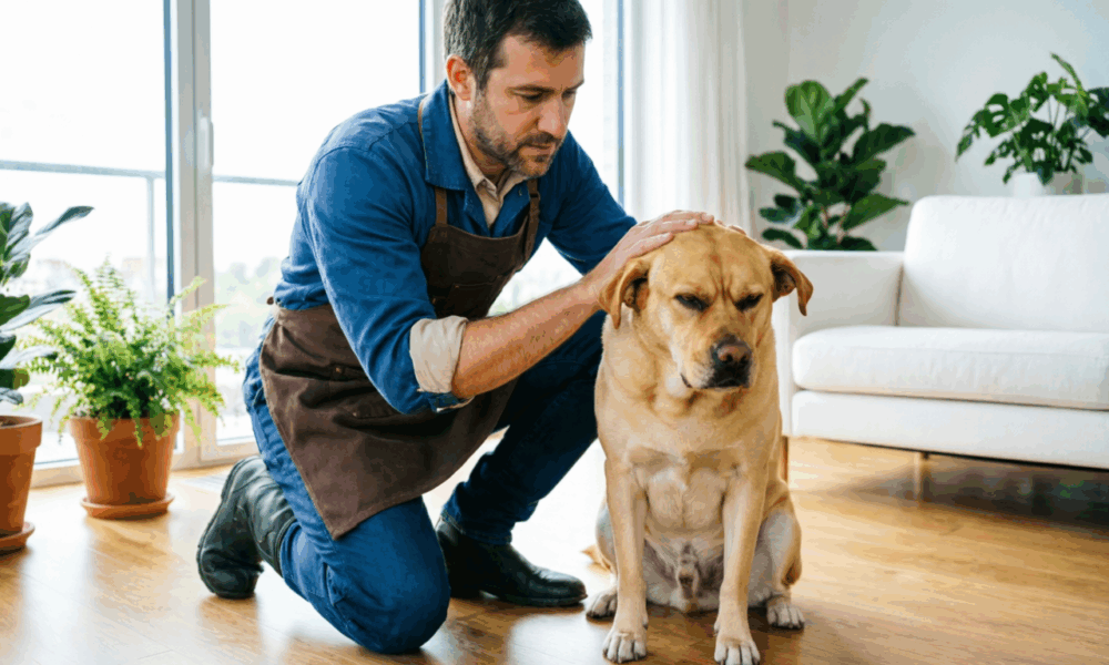 Мужчина гладит по голове собаку