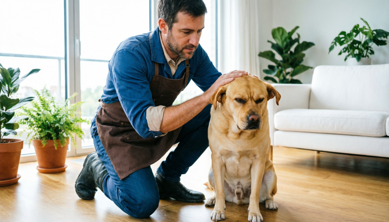 Мужчина гладит по голове собаку