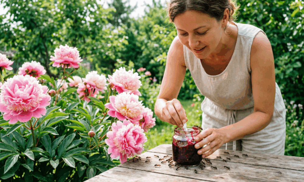 Дачница спасает пионы от муравьёв