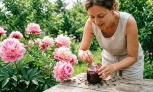 Дачница спасает пионы от муравьёв