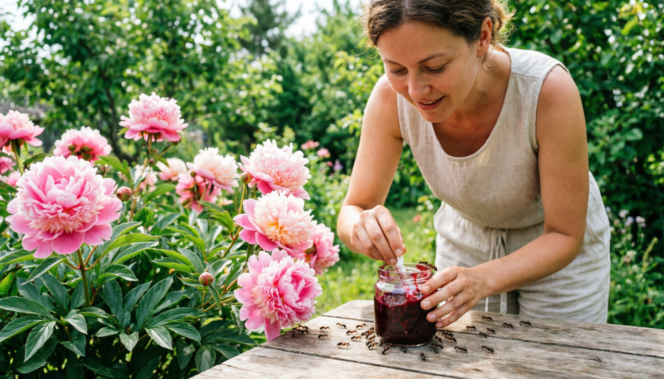 Дачница спасает пионы от муравьёв