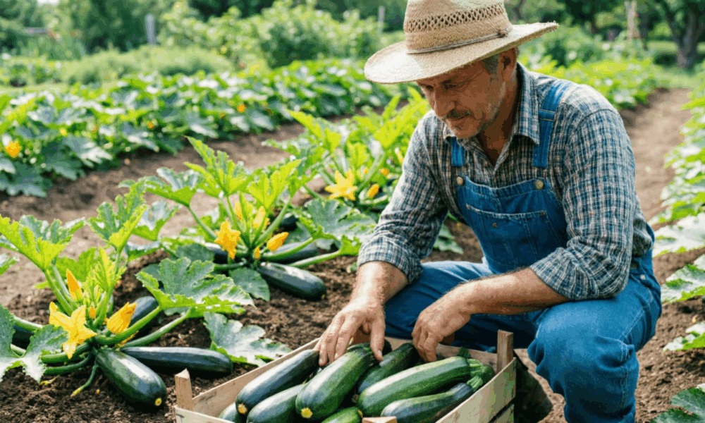 Фермер собирает урожай кабачков