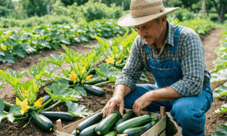Фермер собирает урожай кабачков