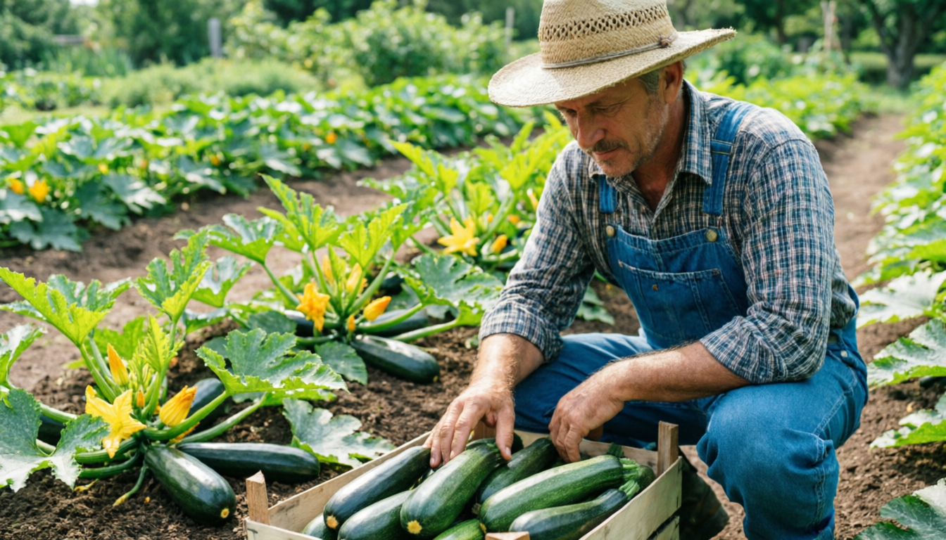 Фермер собирает урожай кабачков