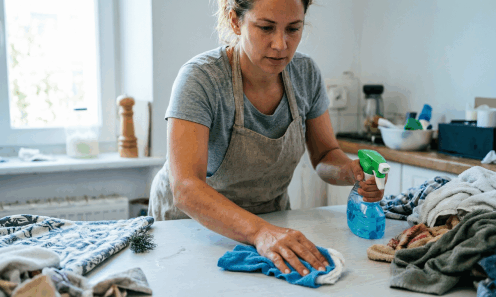 Женщина наводит порядок в квартире