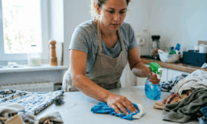 Женщина наводит порядок в квартире