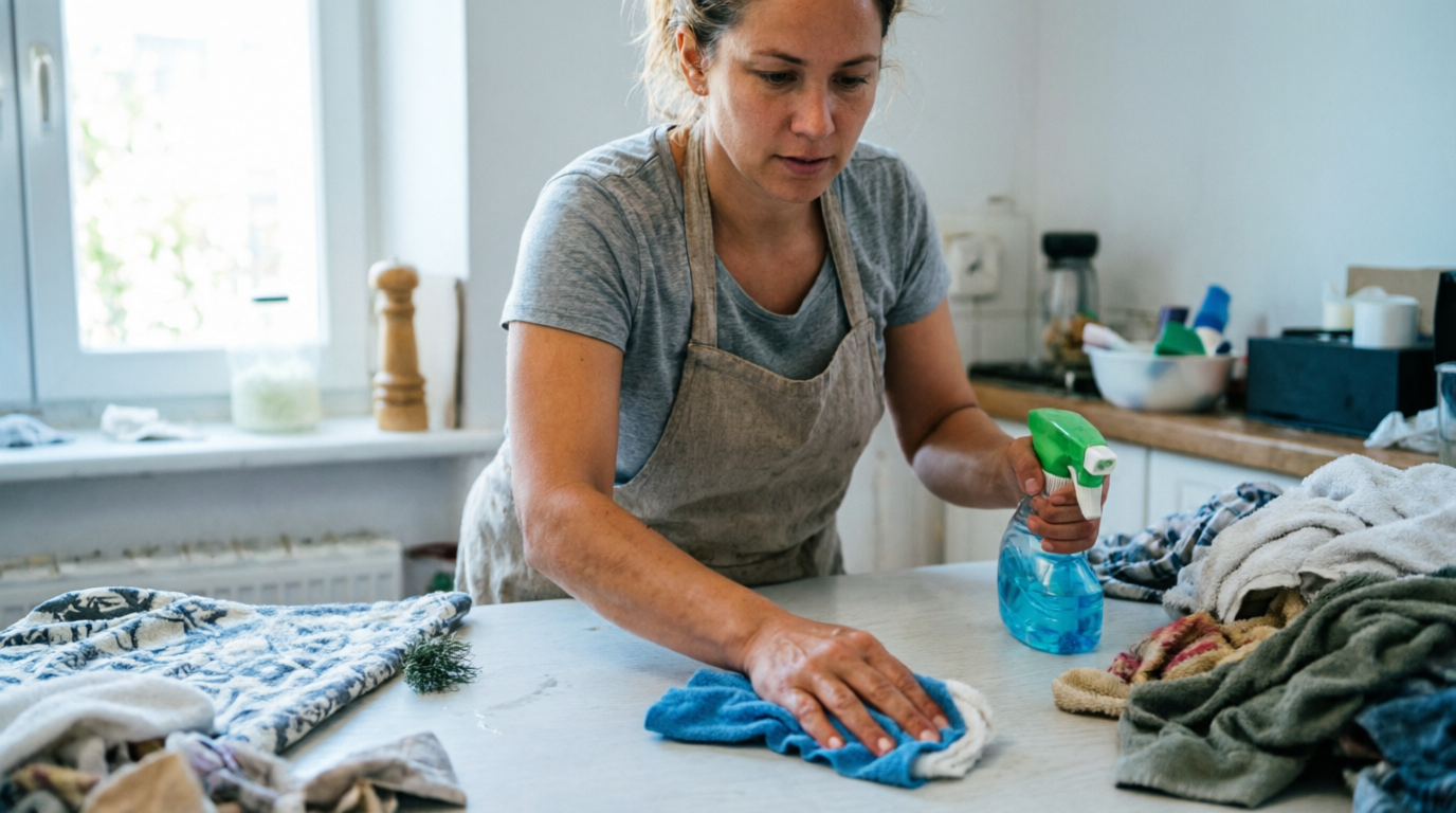 Женщина наводит порядок в квартире