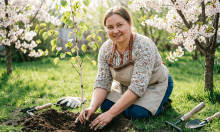 Фермер сажает берёзу в саду