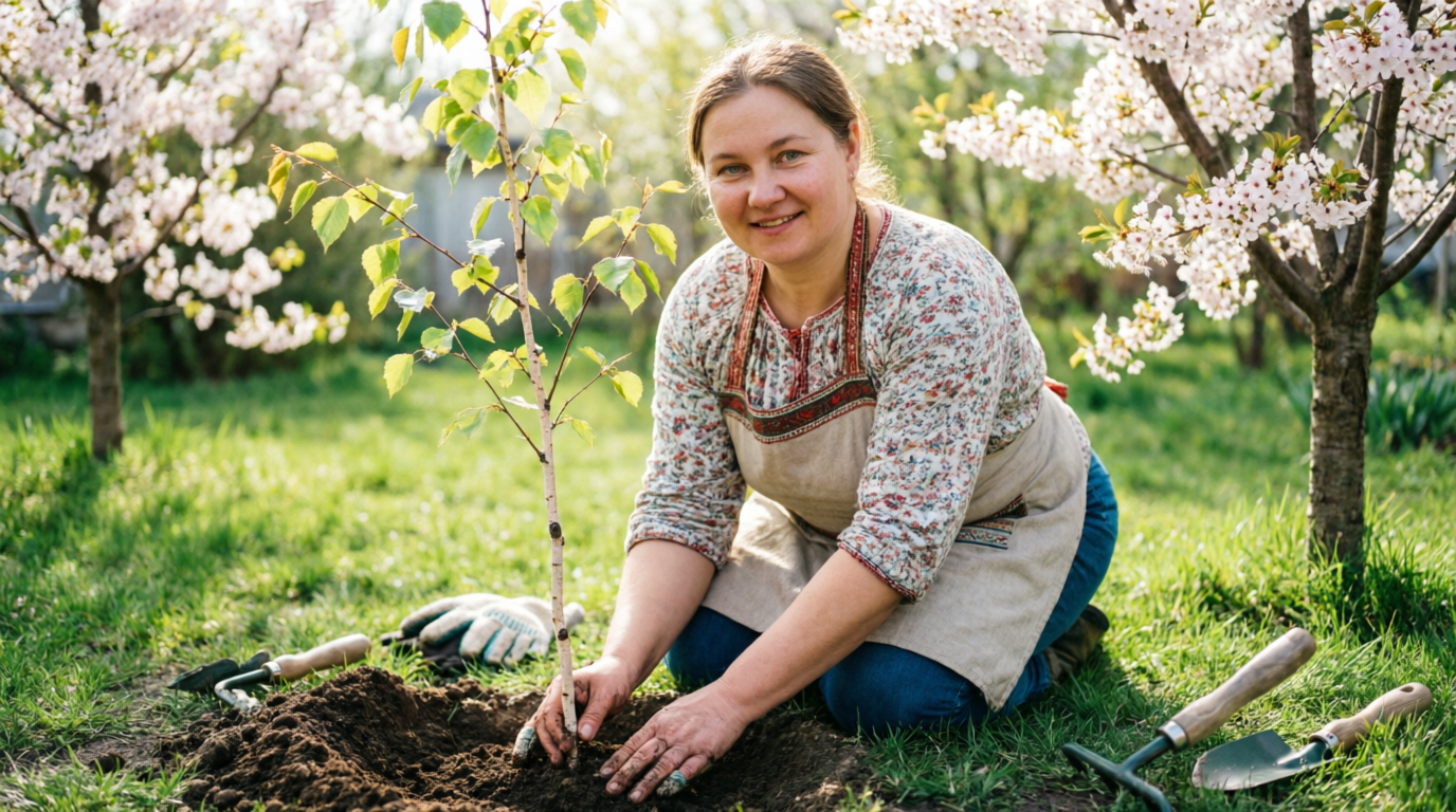 Фермер сажает берёзу в саду