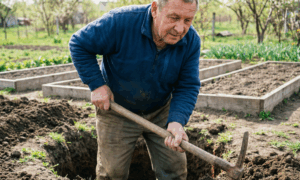 Фермер копает выгребную яму