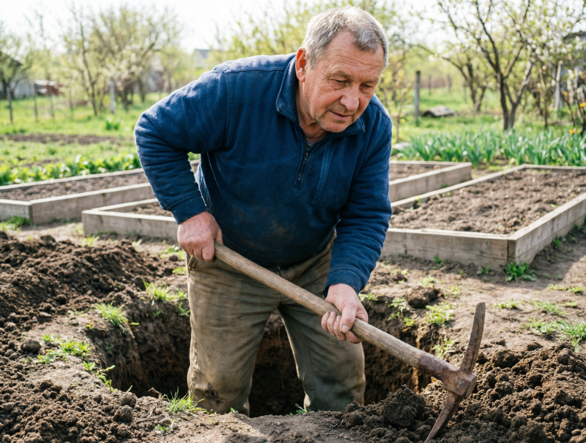 Фермер копает выгребную яму