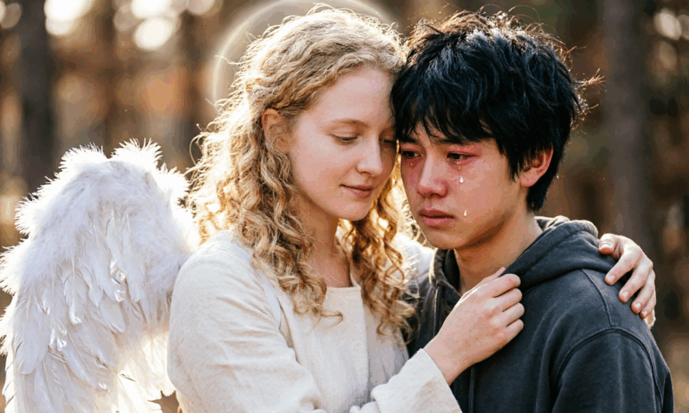 Ангел обнимает парня