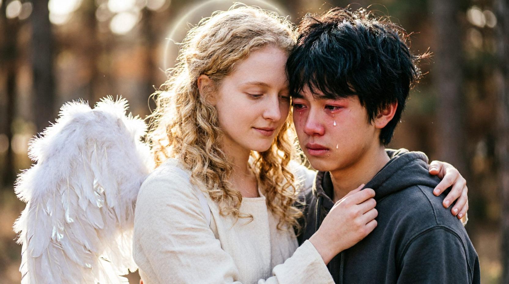 Ангел обнимает парня