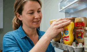 Женщина организует пространство в холодильнике