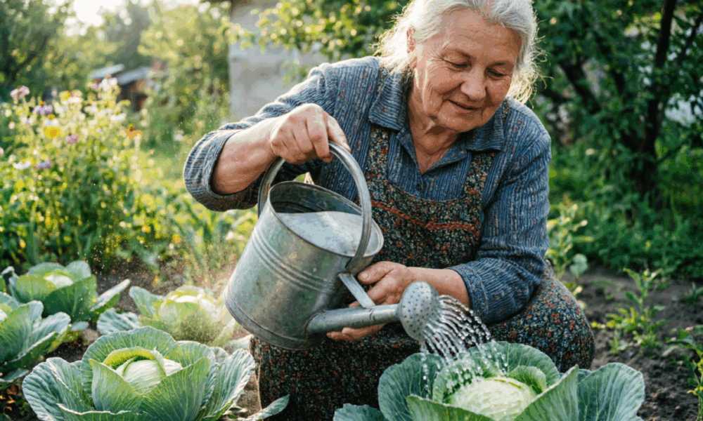 Пожилая дачница выращивает капусту