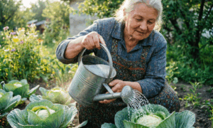 Пожилая дачница выращивает капусту