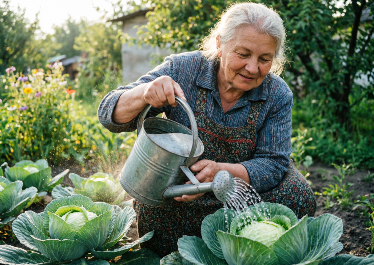 Пожилая дачница выращивает капусту