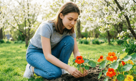Девочка сажает настурции