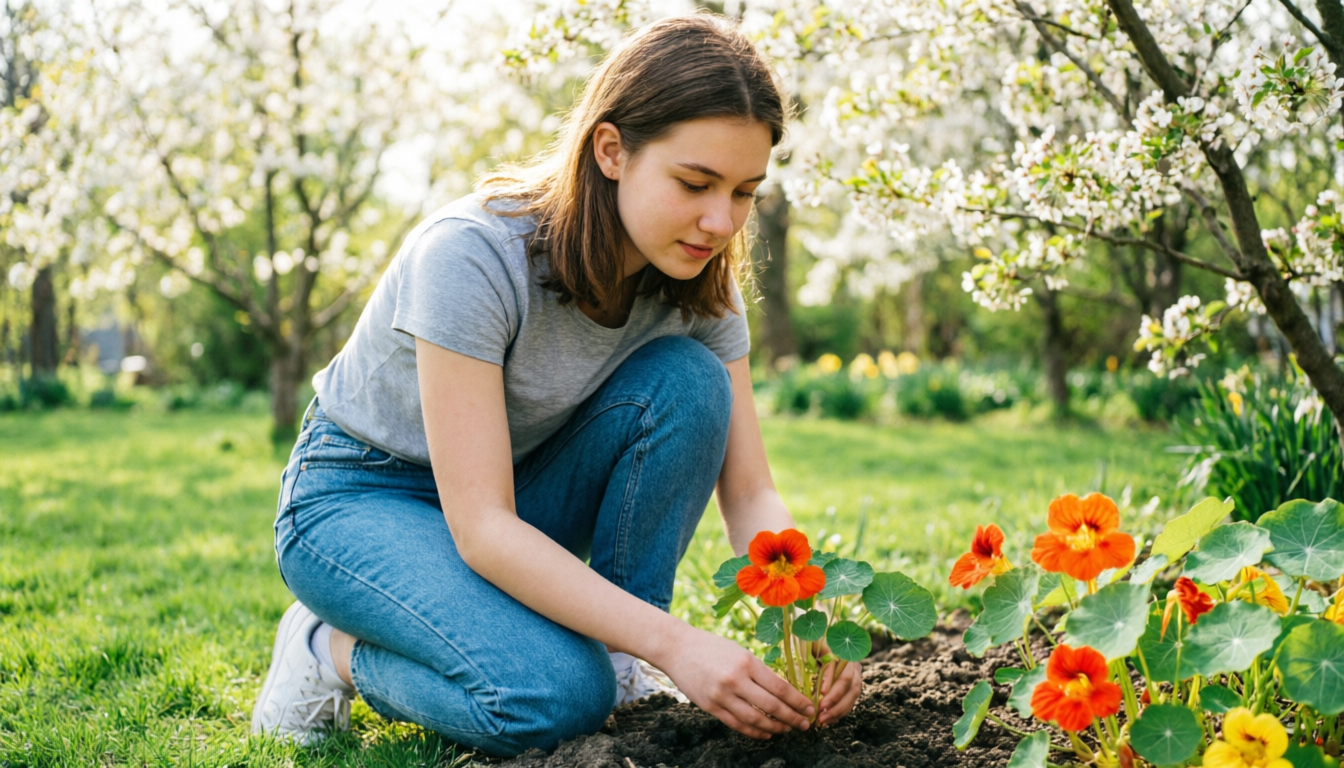Девочка сажает настурции