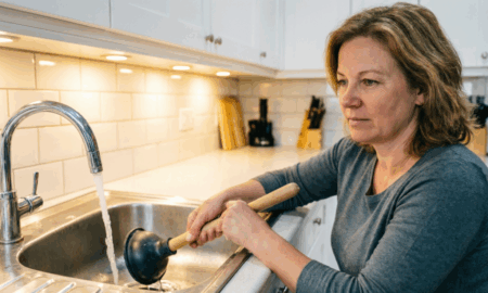 Женщина чистит раковину от засора