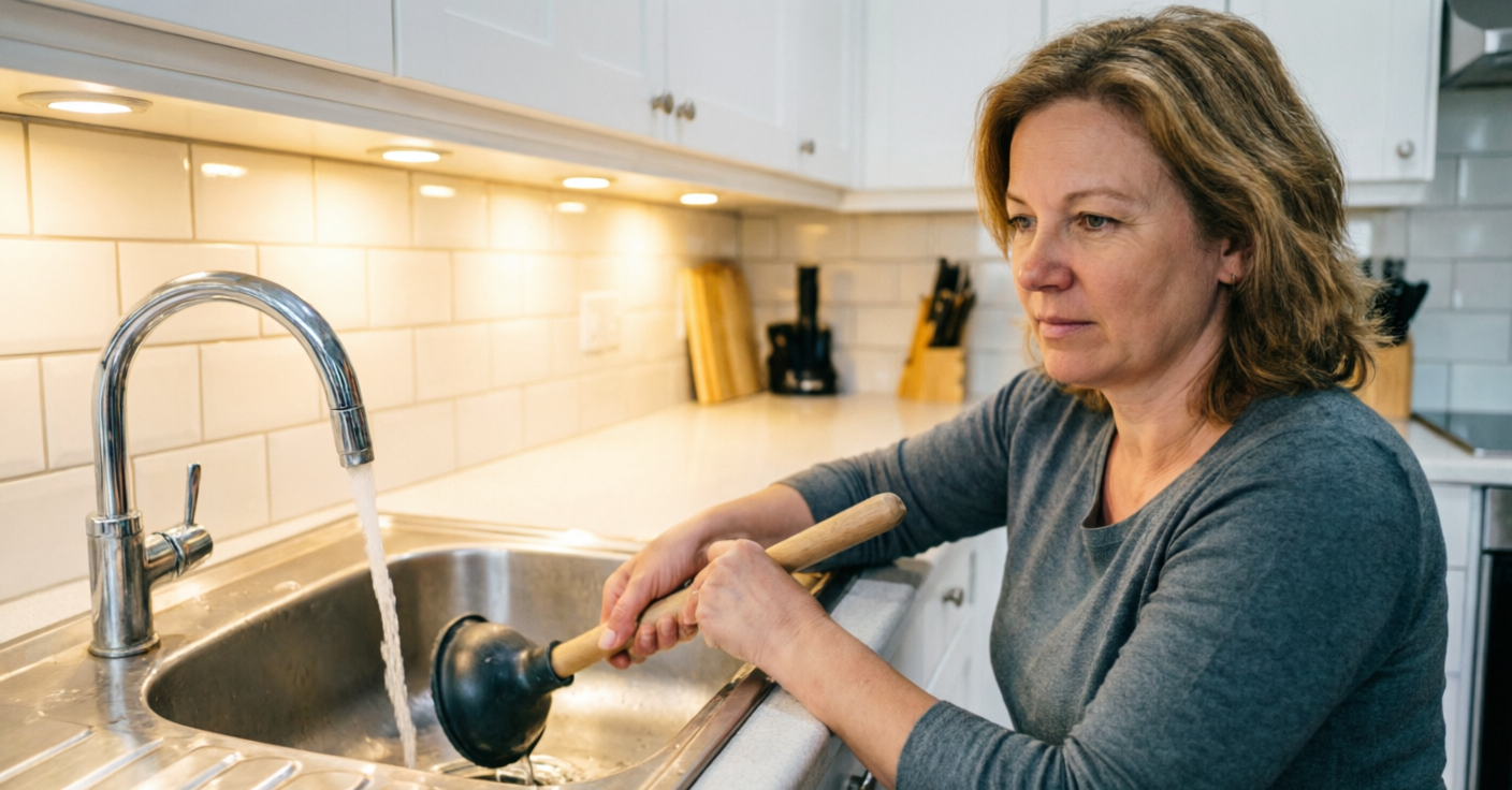 Женщина чистит раковину от засора