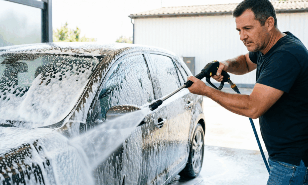 Мужчина моет машину