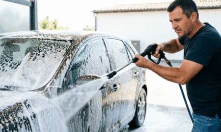 Мужчина моет машину