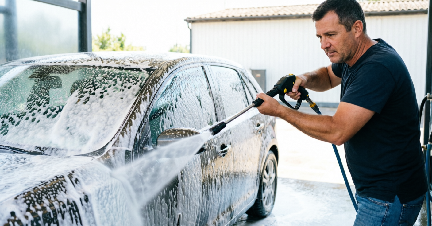 Мужчина моет машину
