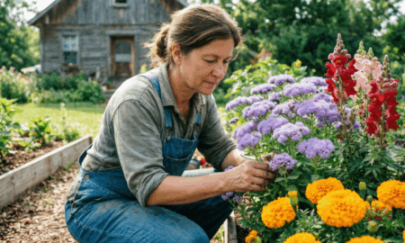 Фермер ухаживает за львиным зевом и бархатцами