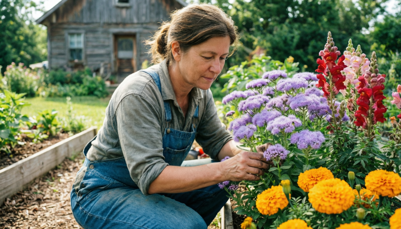 Фермер ухаживает за львиным зевом и бархатцами