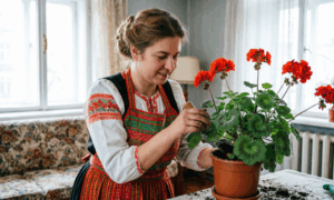 Женщина ухаживает за пеларгонией