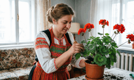 Женщина ухаживает за пеларгонией