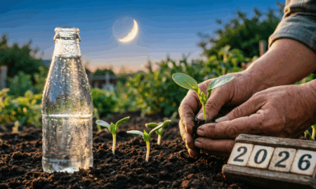 Садовод сажает рассаду под луной