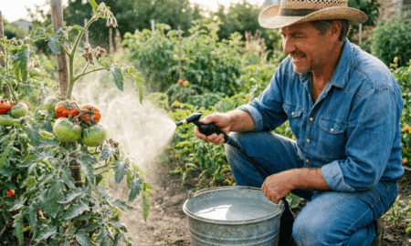 Фермер опрыскивает томаты