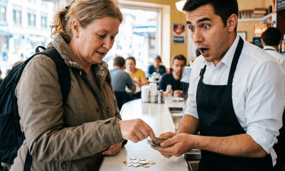 Туристка оставляет маленькие чаевые в кафе